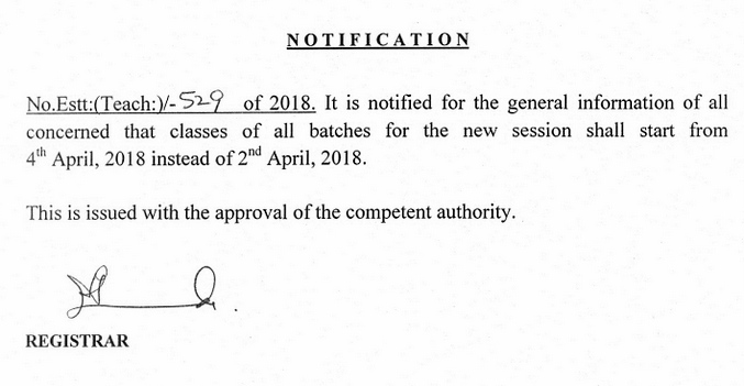 Classes of All Batches to Start From 4th April 2018