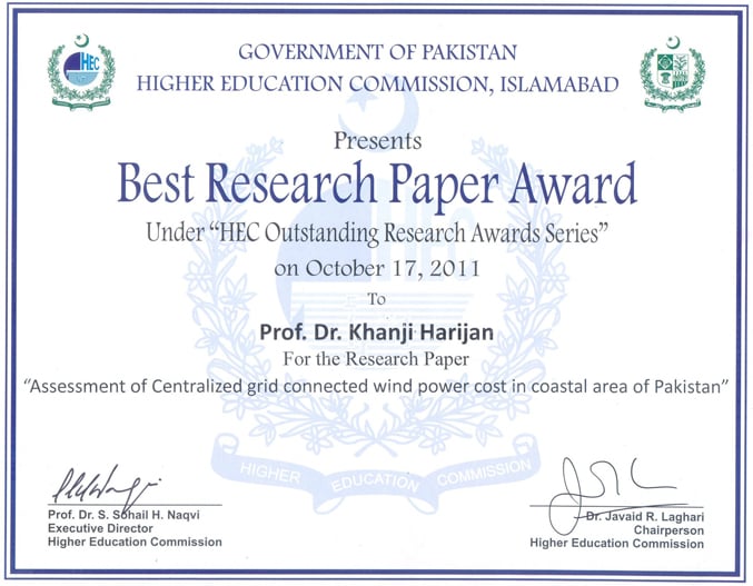 Dr. Khanji's best research paper certificate