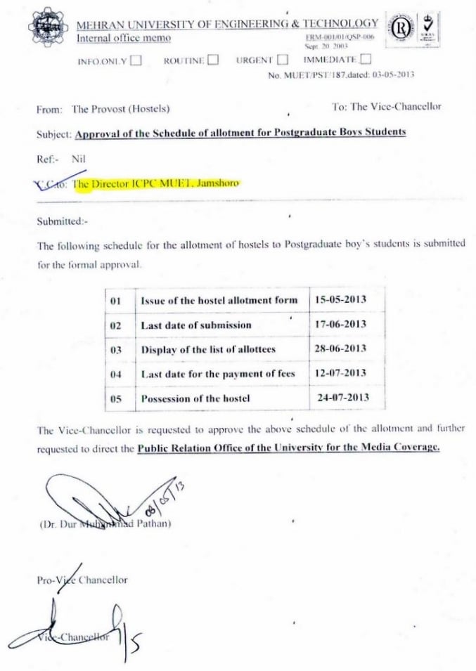 Postgraduate Boys Students' Hostel Allotment Schedule